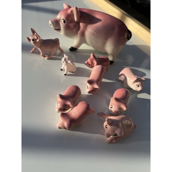 Farm Animals Mommy Pig Plus 9 Piglets Vintage Collectibles Ceramic Made In Japan - Picture 8 of 16